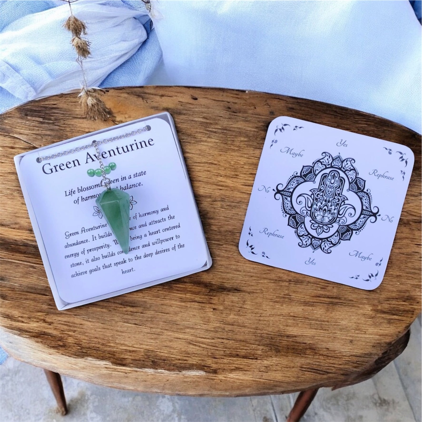 Green Aventurine Pendulum with Pendulum Board & Instructions