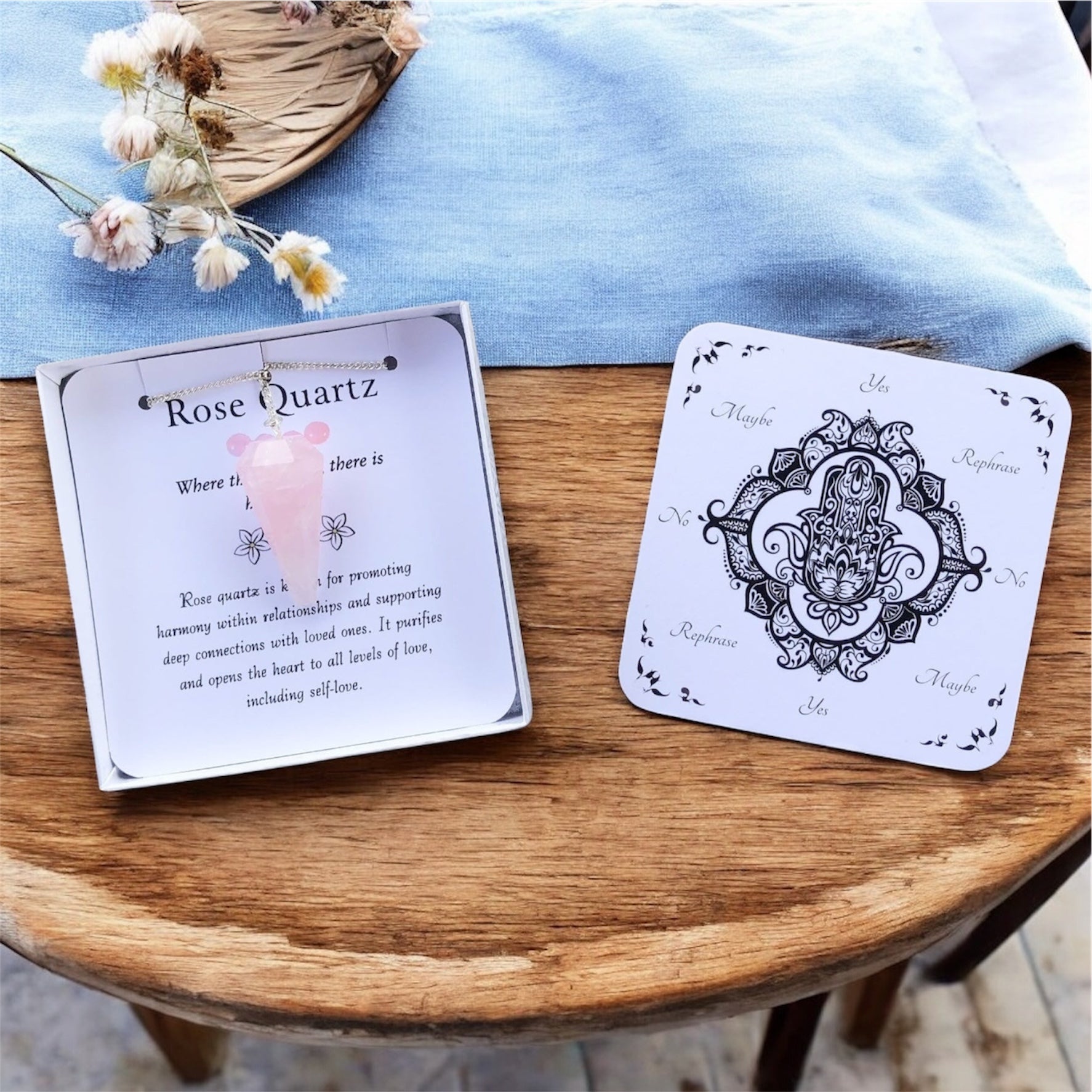 Rose Quartz Pendulum with Pendulum Board & Instructions