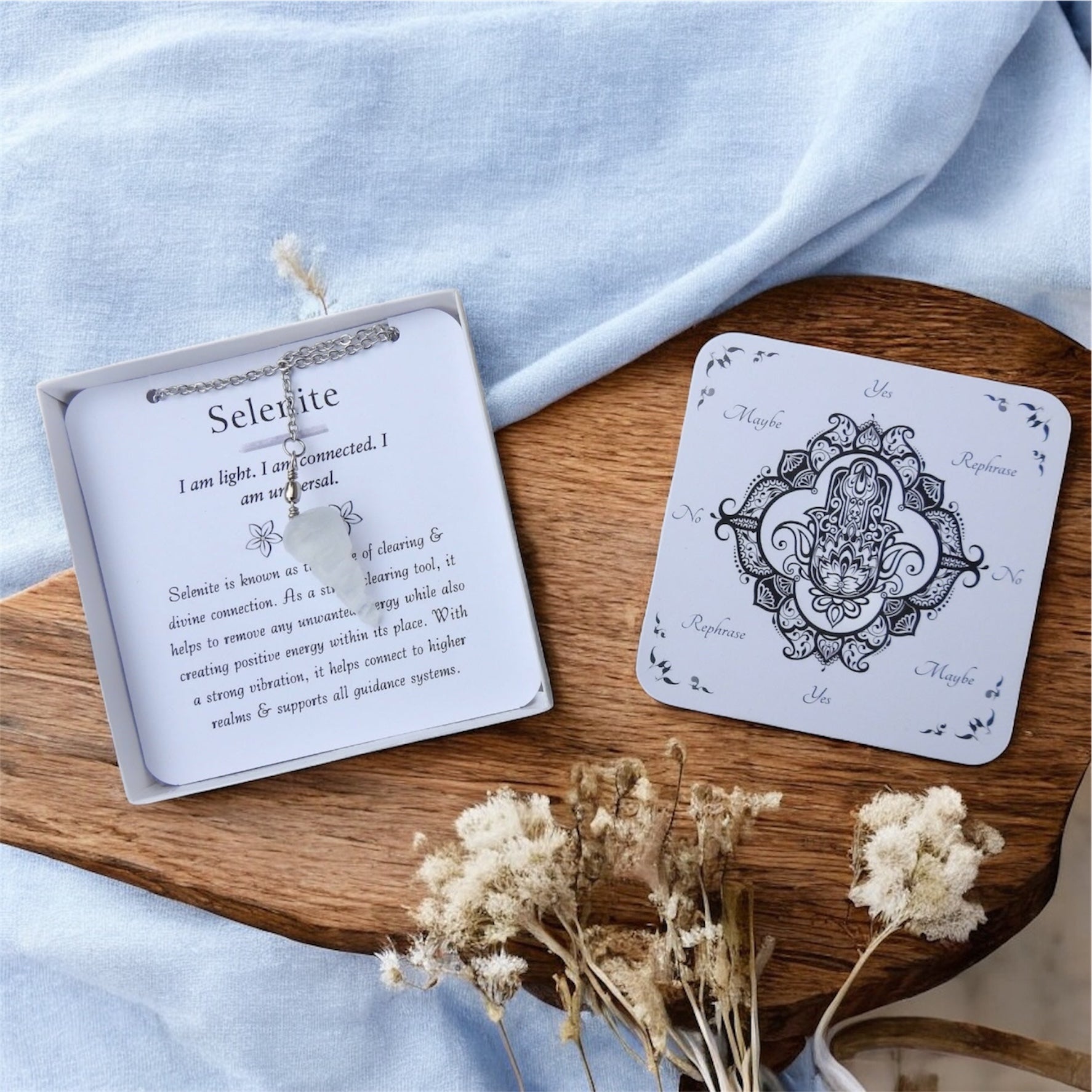 *SPECIAL EDITION* Mini Carved Selenite Pendulum with Dowsing Board & Instructions