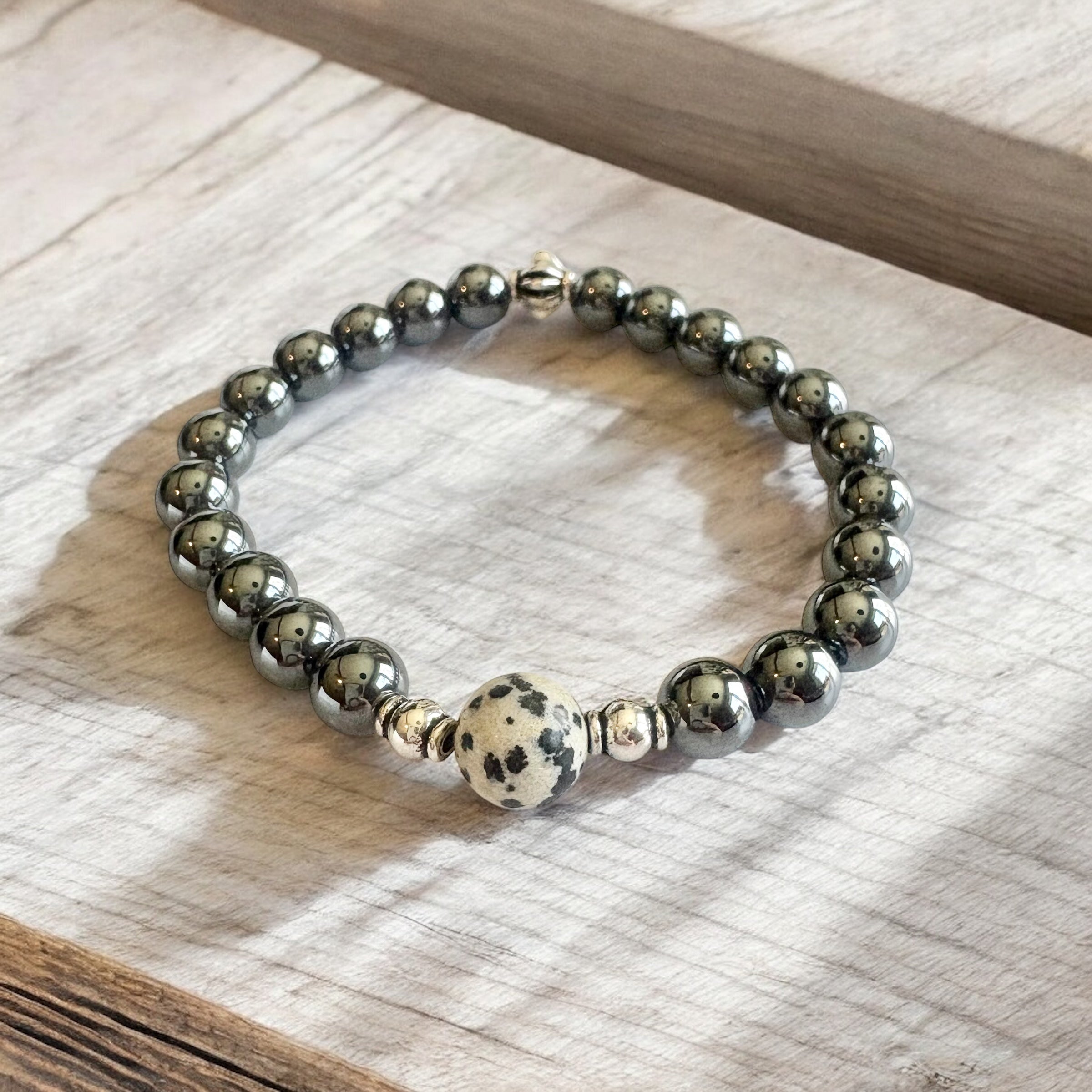Dalmatian Jasper Men's Bracelet- For Grounding, Mindfulness, and Playfulness
