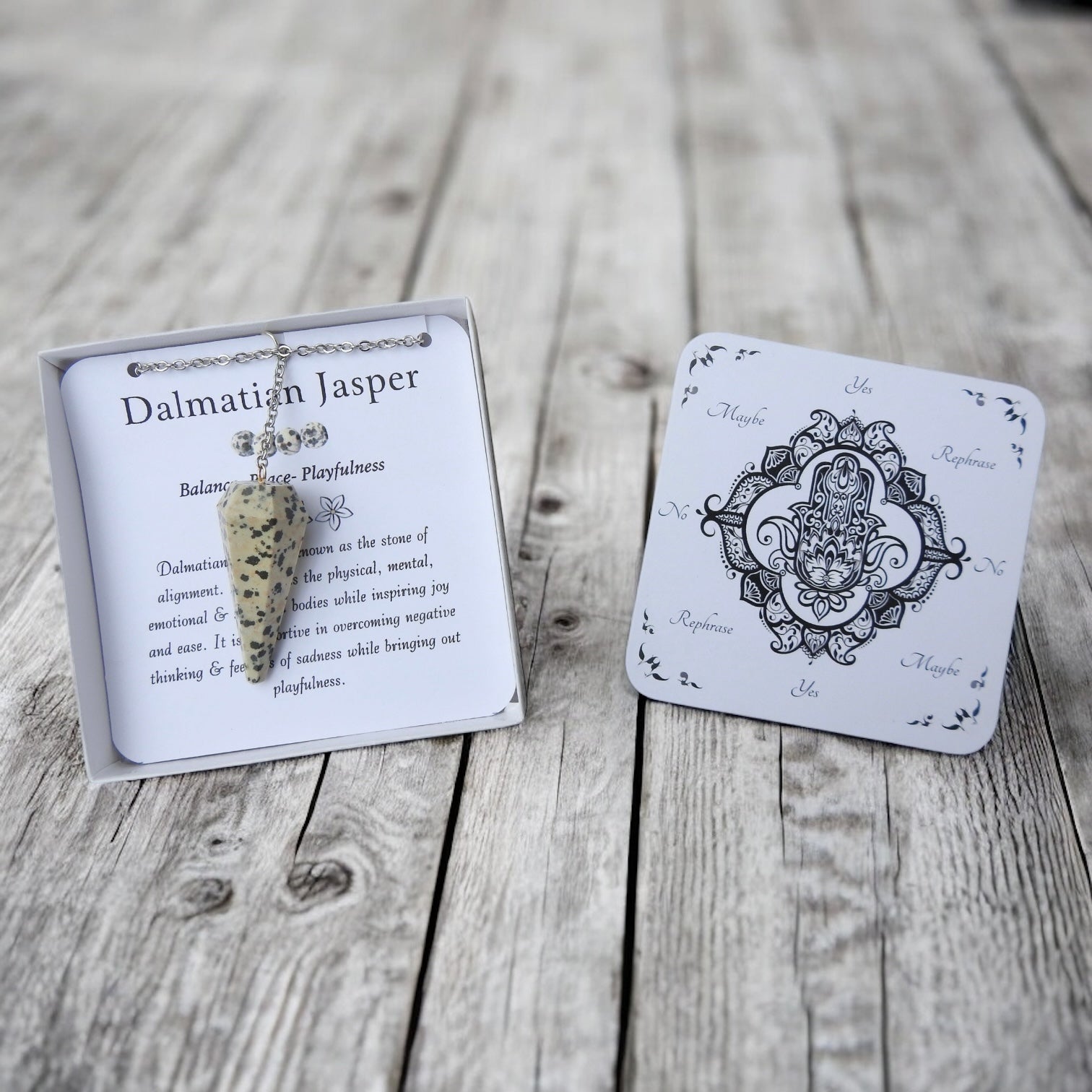 Dalmatian Jasper Pendulum with Pendulum Board & Instructions - Mindful Intentions