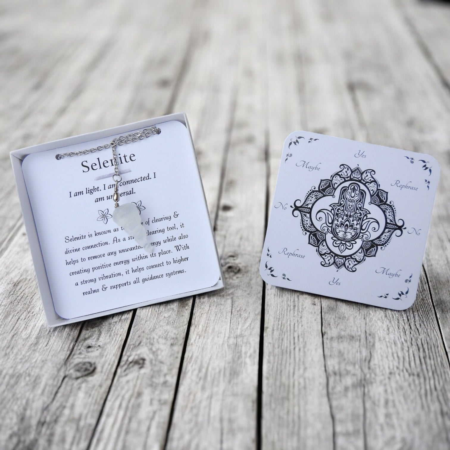 *SPECIAL EDITION* Mini Carved Selenite Pendulum with Dowsing Board & Instructions - Mindful Intentions