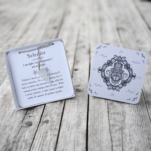 *SPECIAL EDITION* Mini Carved Selenite Pendulum with Dowsing Board & Instructions - Mindful Intentions