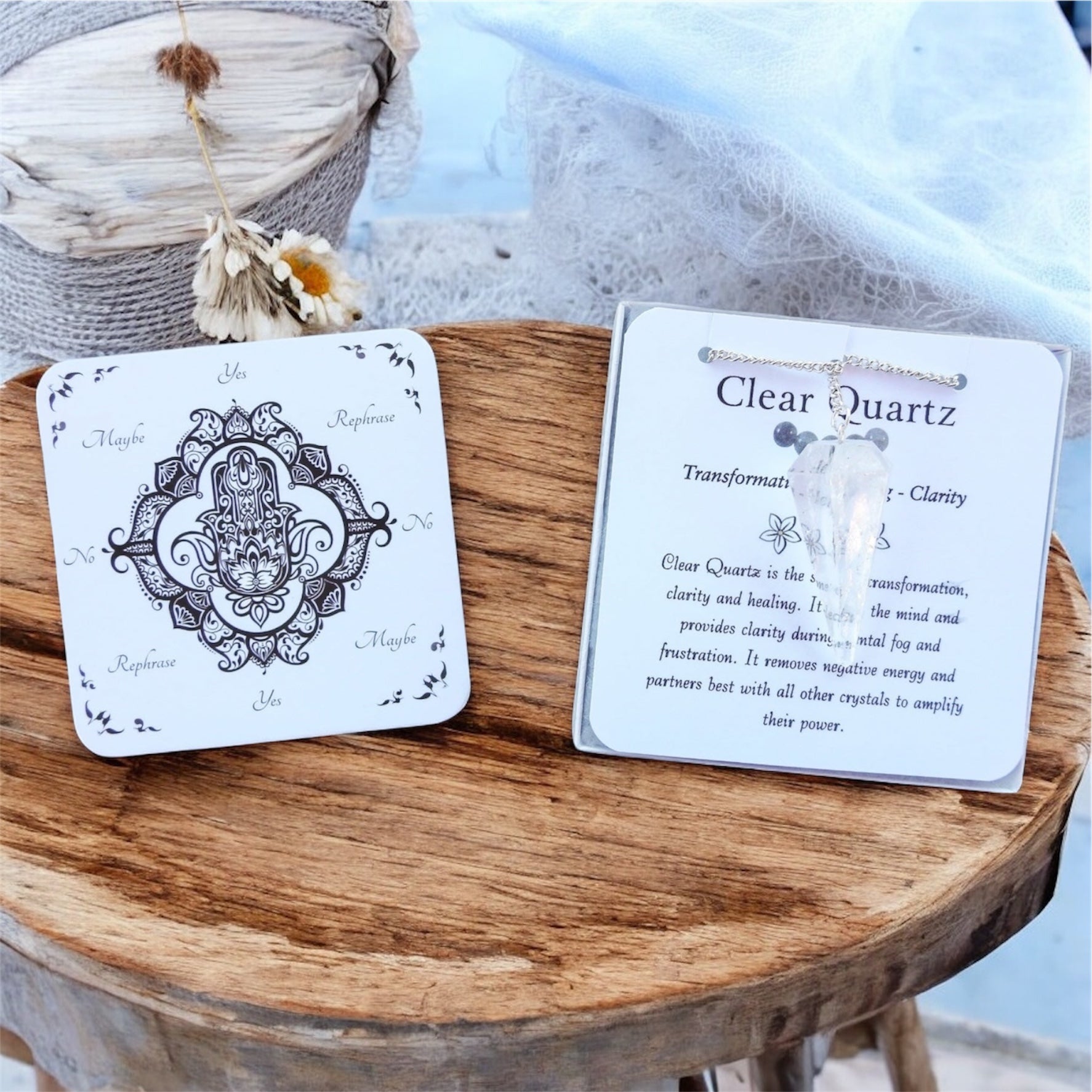 Clear Quartz Pendulum with Pendulum Board & Instructions