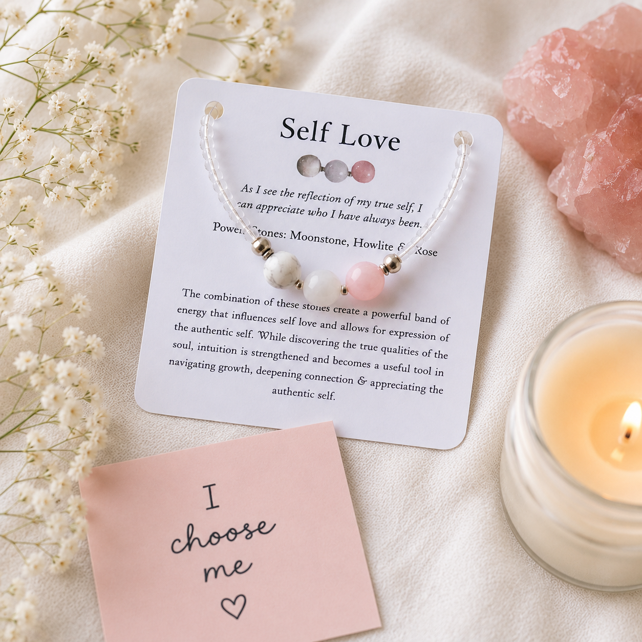 Self Love Bracelet- Moonstone, Aquamarine, Rose Quartz
