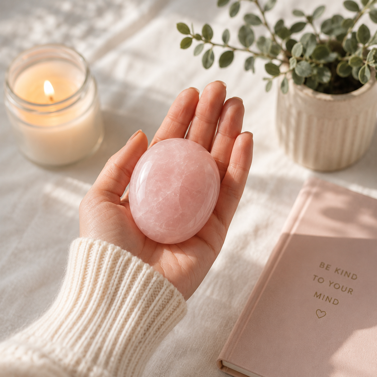 Rose Quartz Palm Stone for Love & Heart Support