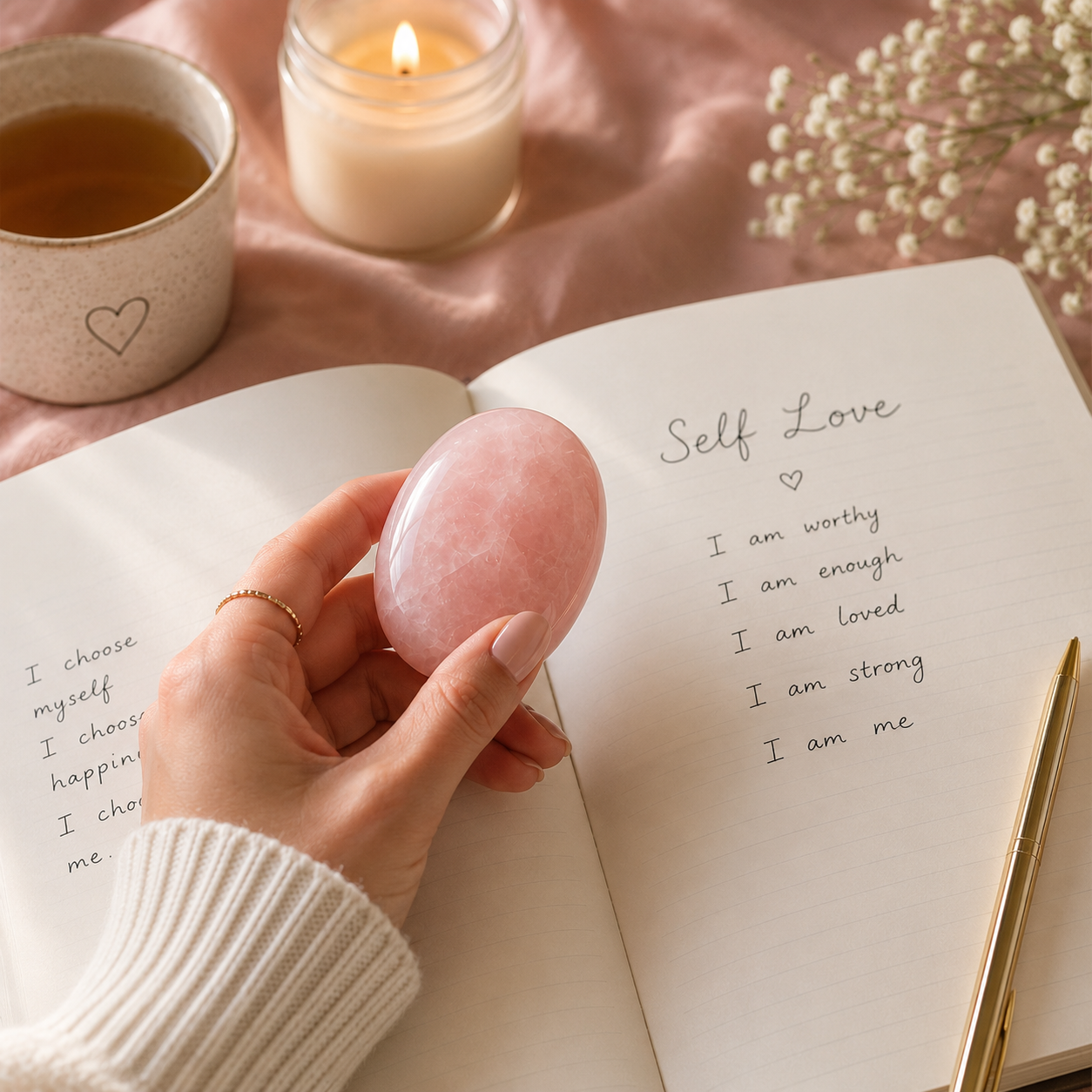 Rose Quartz Palm Stone for Love & Heart Support