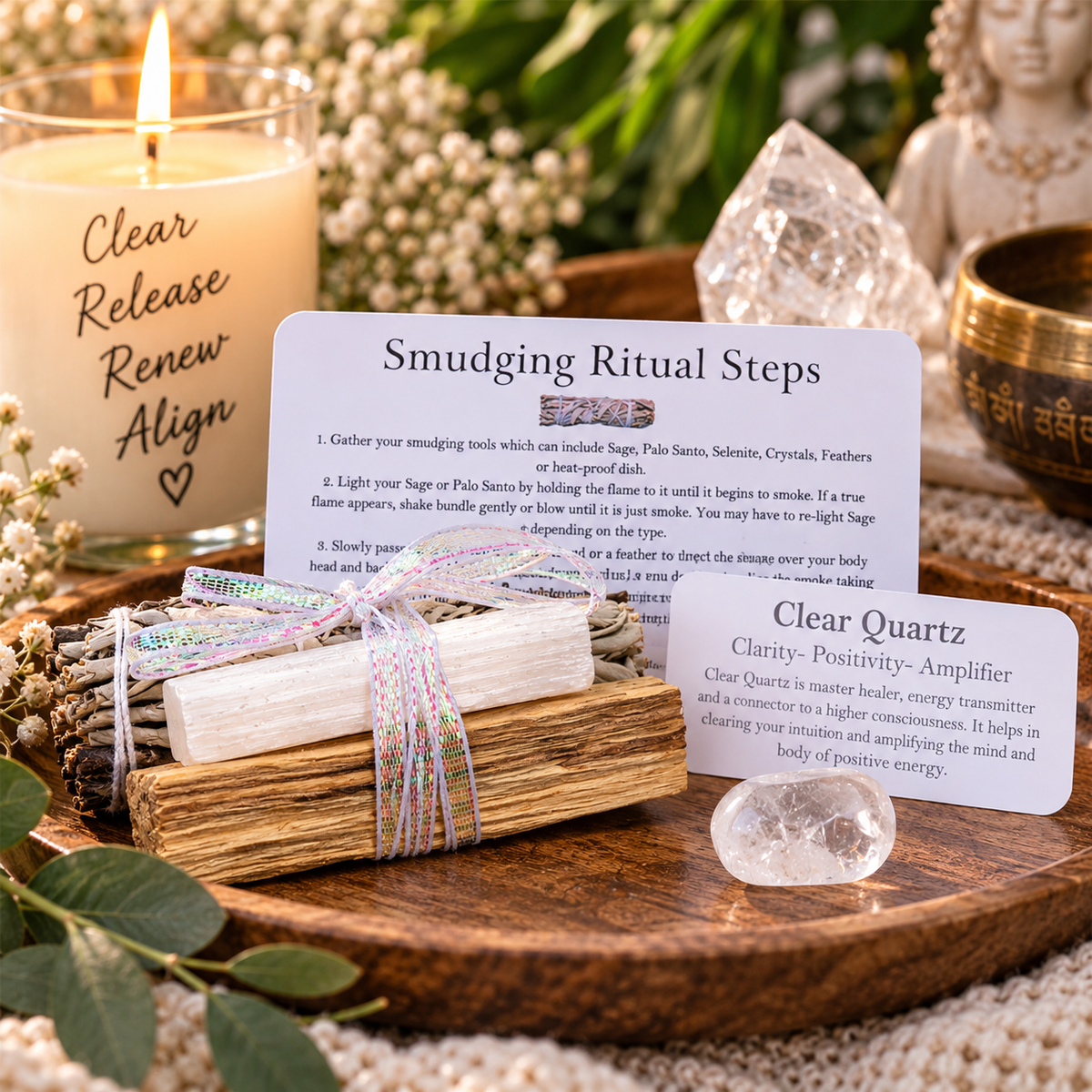 Energy Cleansing Kit- Smudge Kit with Sage, Palo Santo, Selenite, Clear Quartz & Ritual Instruction Card