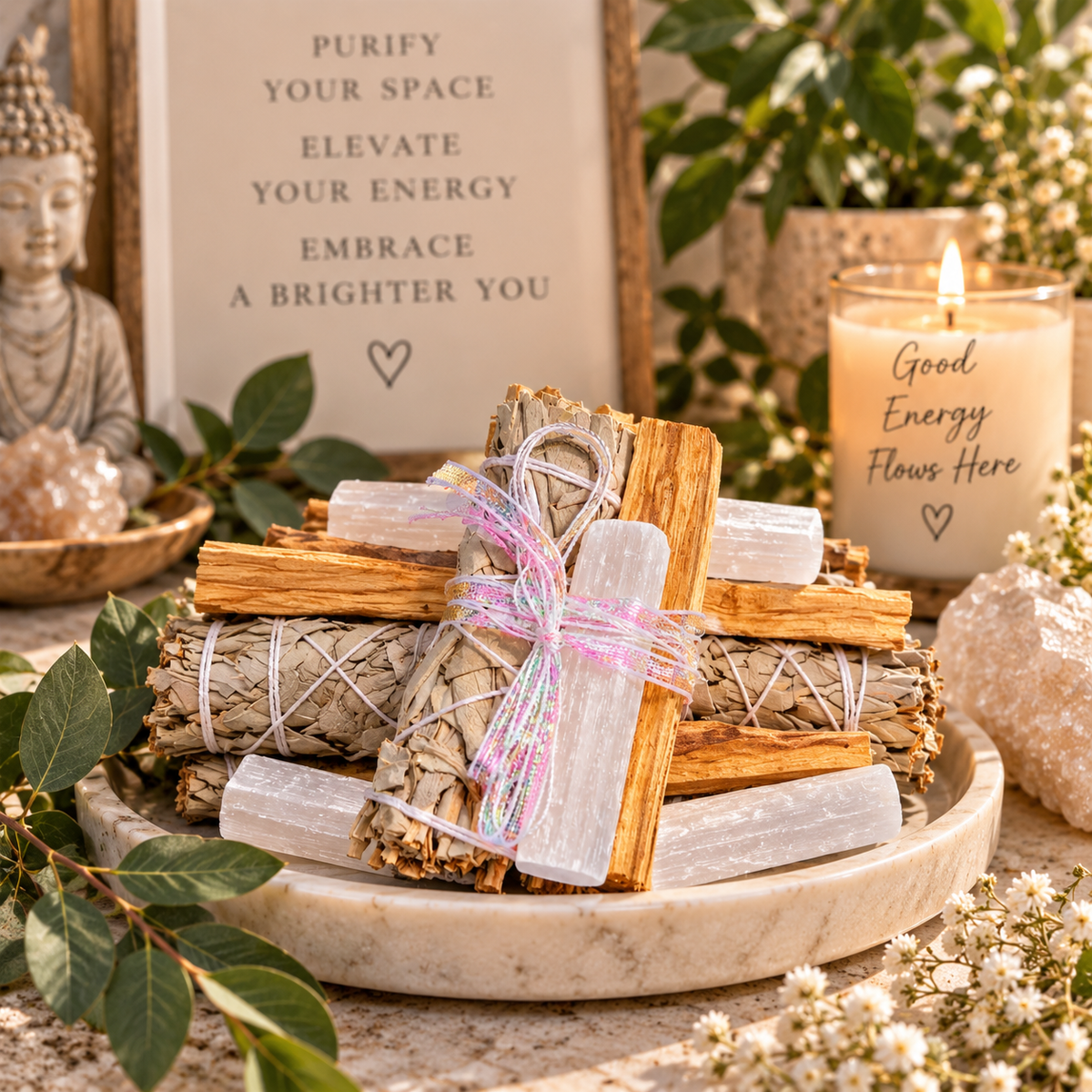 Energy Cleansing Kit- Smudge Kit with Sage, Palo Santo, Selenite, Clear Quartz & Ritual Instruction Card