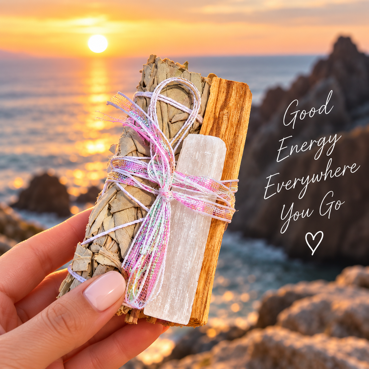 Energy Cleansing Kit- Smudge Kit with Sage, Palo Santo, Selenite, Clear Quartz & Ritual Instruction Card