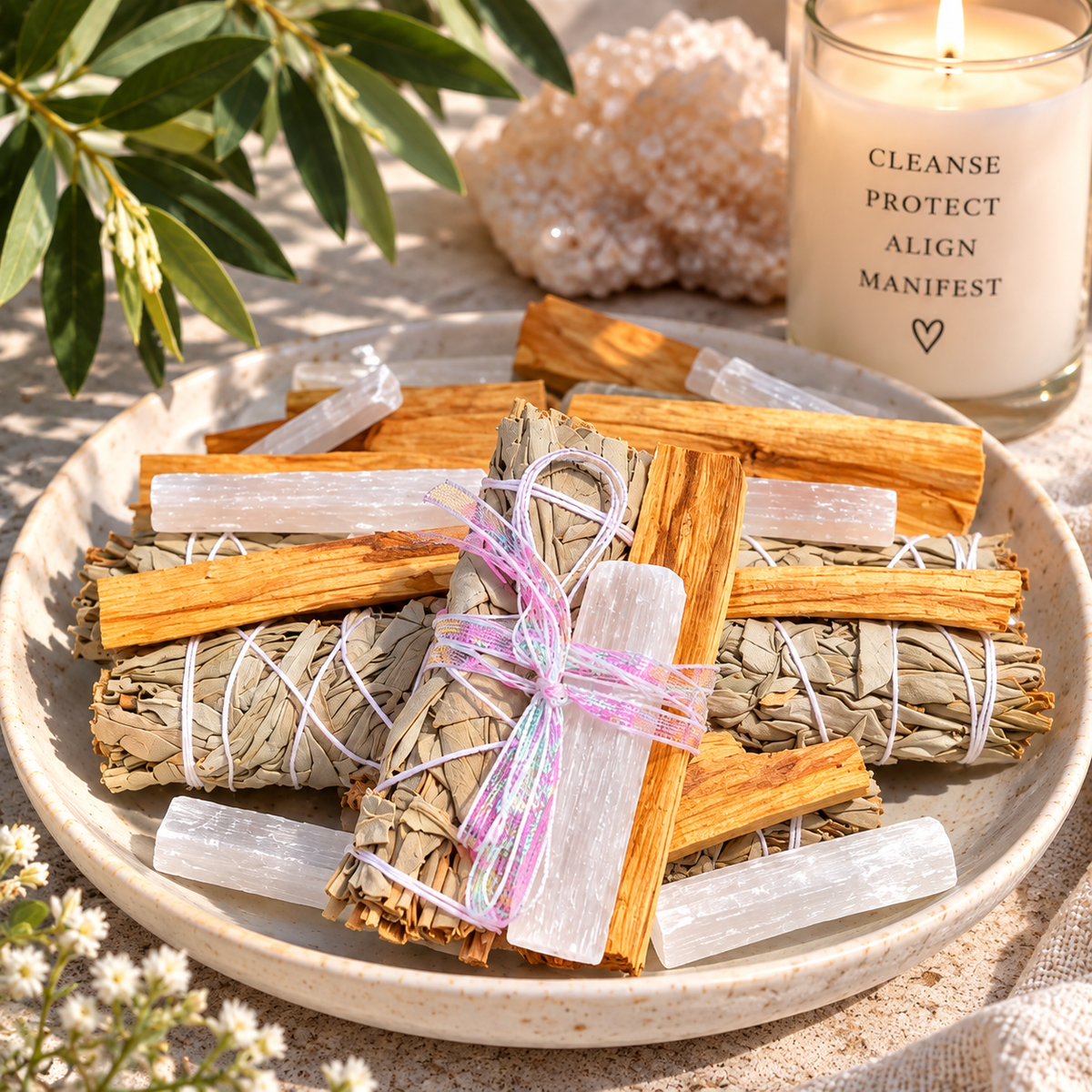 Energy Cleansing Kit- Smudge Kit with Sage, Palo Santo, Selenite, Clear Quartz & Ritual Instruction Card