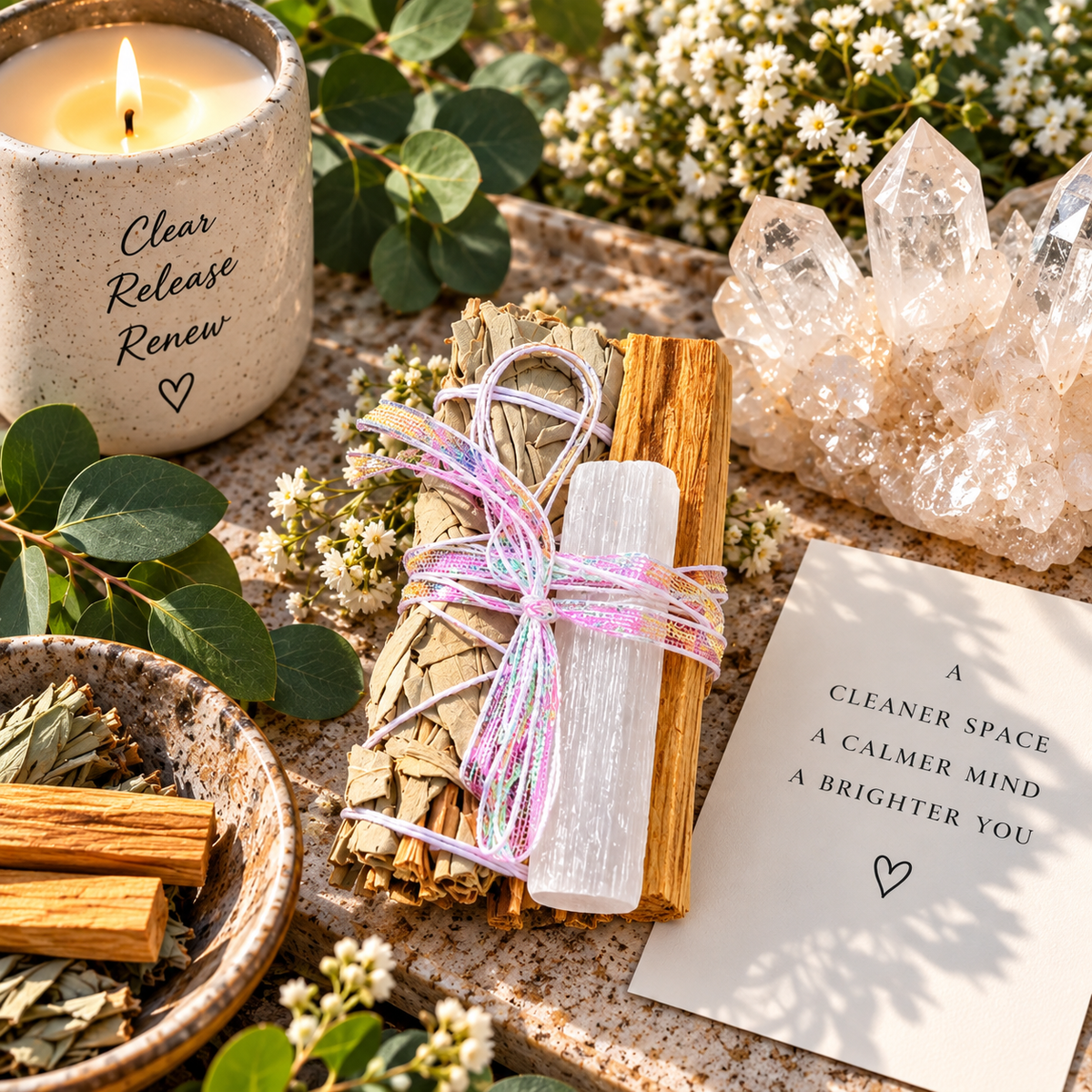 Energy Cleansing Kit- Smudge Kit with Sage, Palo Santo, Selenite, Clear Quartz & Ritual Instruction Card