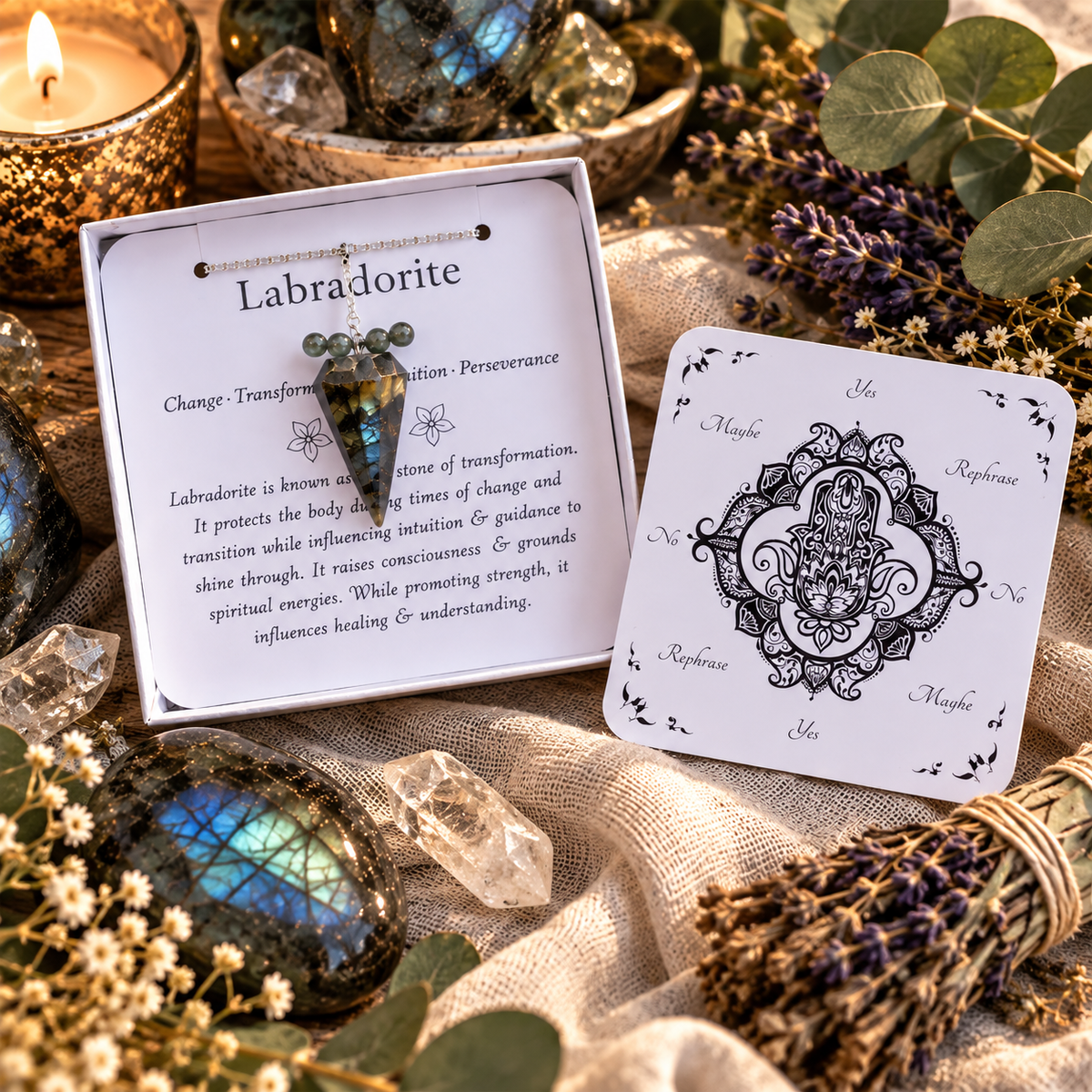 Labradorite Pendulum with Pendulum Board & Instructions