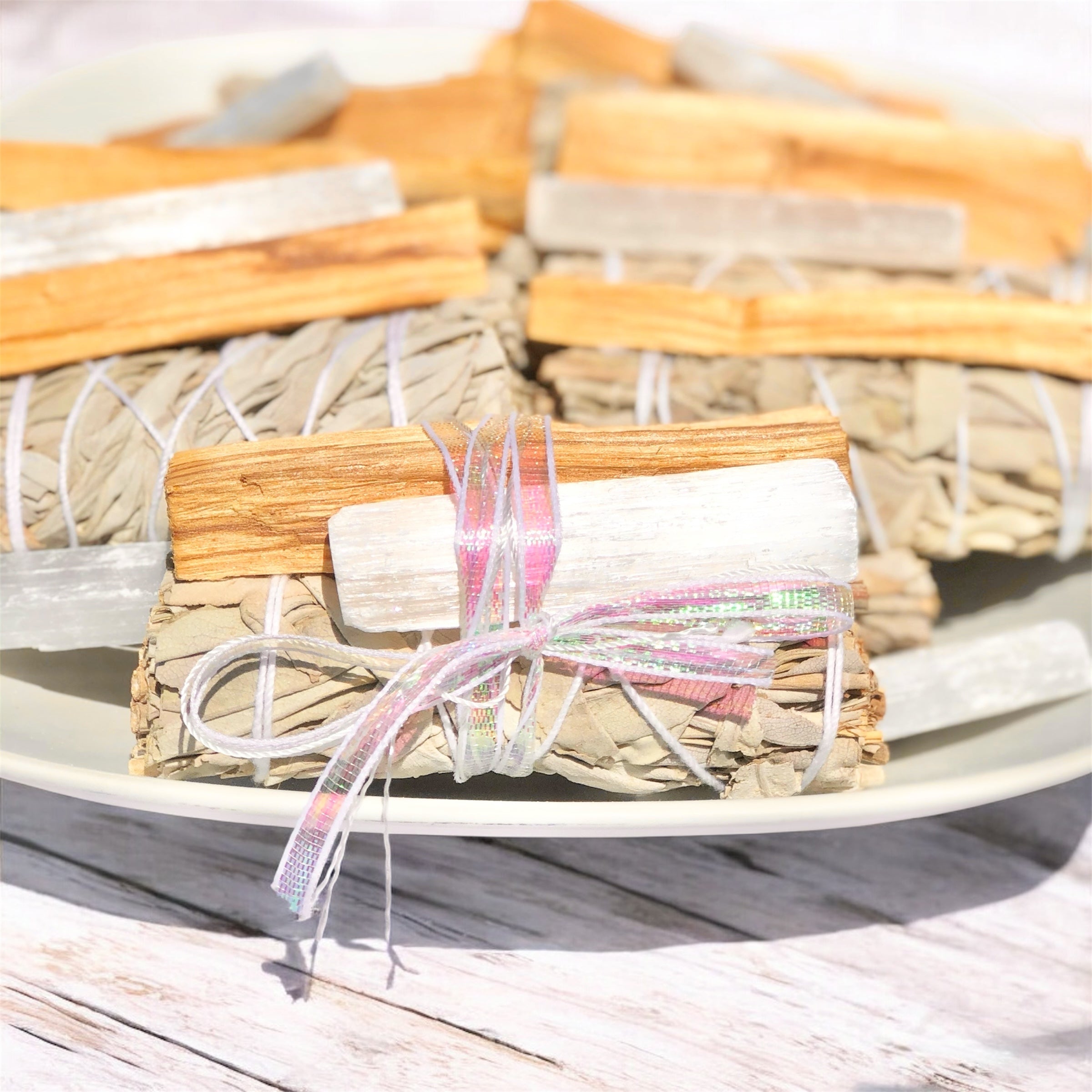 Energy Cleansing Kit- Smudge Kit with Sage, Palo Santo, Selenite, Clear Quartz & Ritual Instruction Card