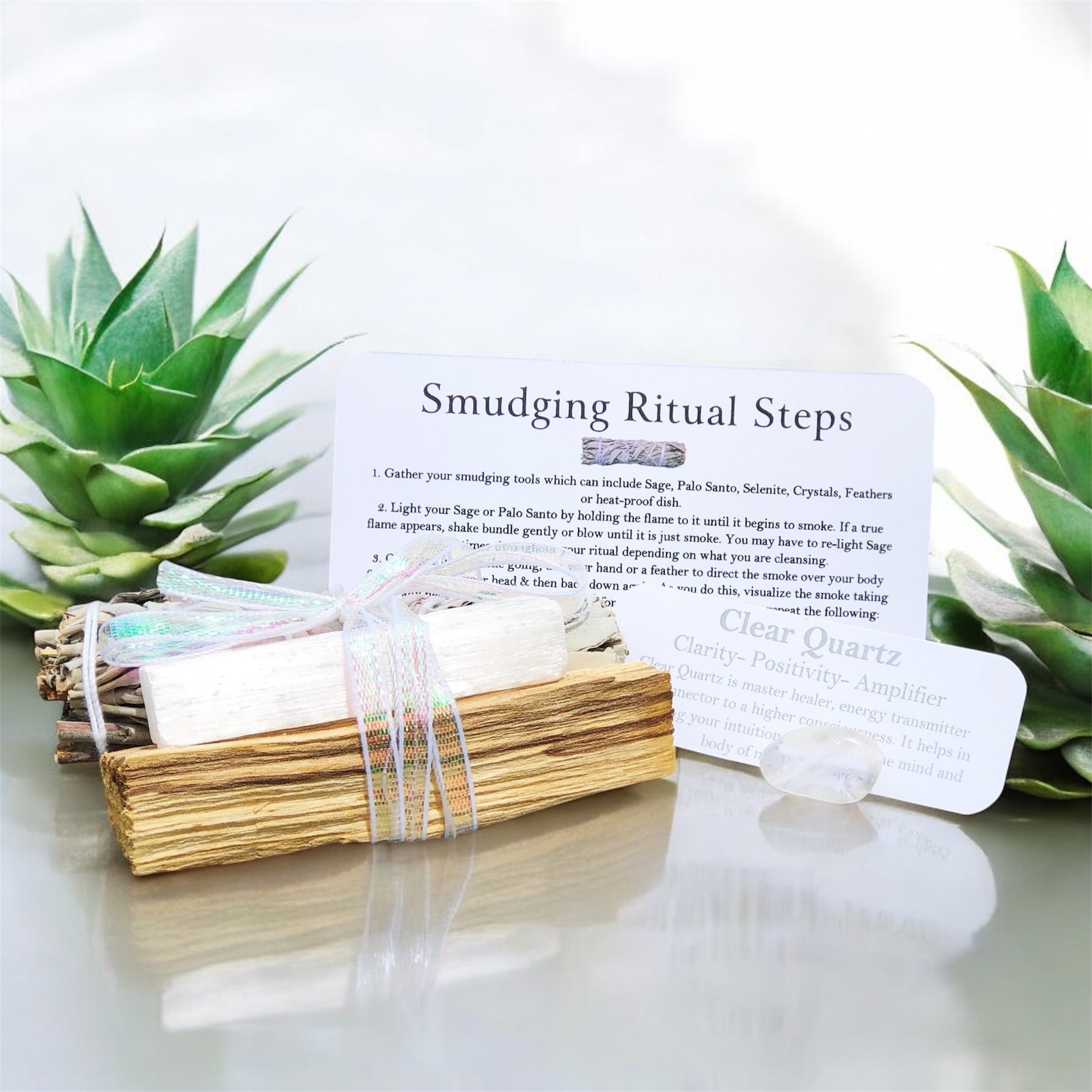 Energy Cleansing Kit- Smudge Kit with Sage, Palo Santo, Selenite, Clear Quartz & Ritual Instruction Card