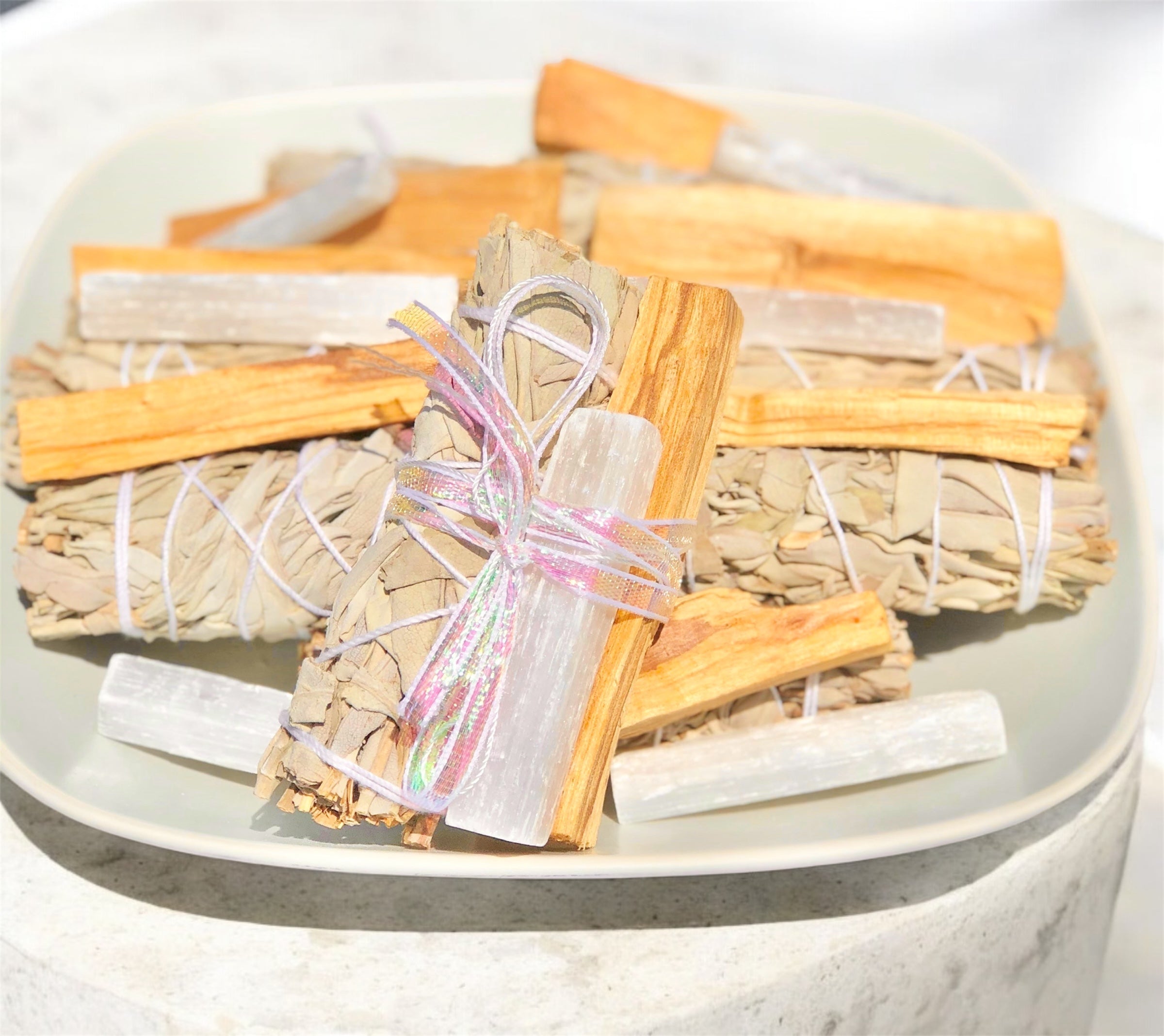 Energy Cleansing Kit- Smudge Kit with Sage, Palo Santo, Selenite, Clear Quartz & Ritual Instruction Card