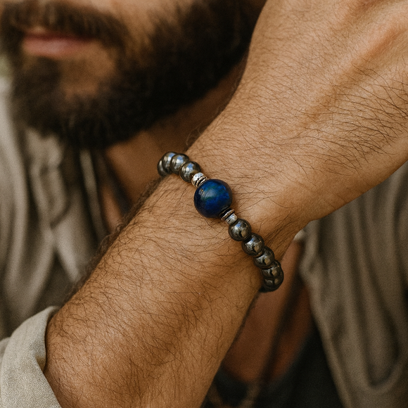 Blue Tiger Eye Men's Bracelet- For Calming Strength & Self Assurance
