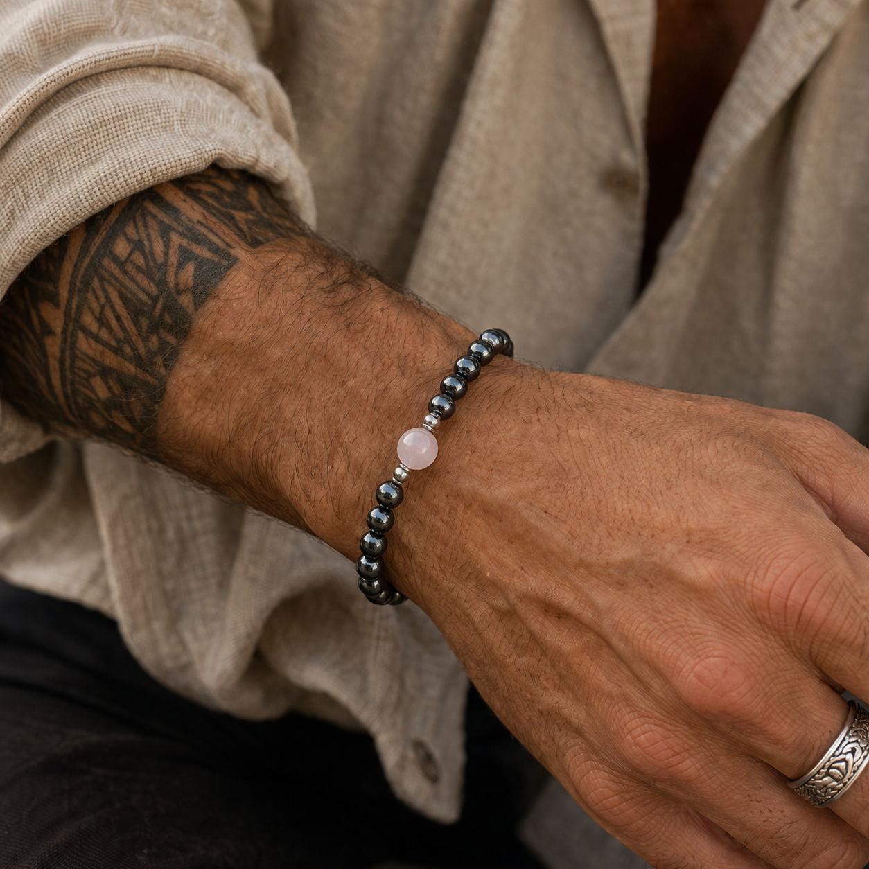 Rose Quartz Men's Bracelet- For Self Love & Harmony in Relationships