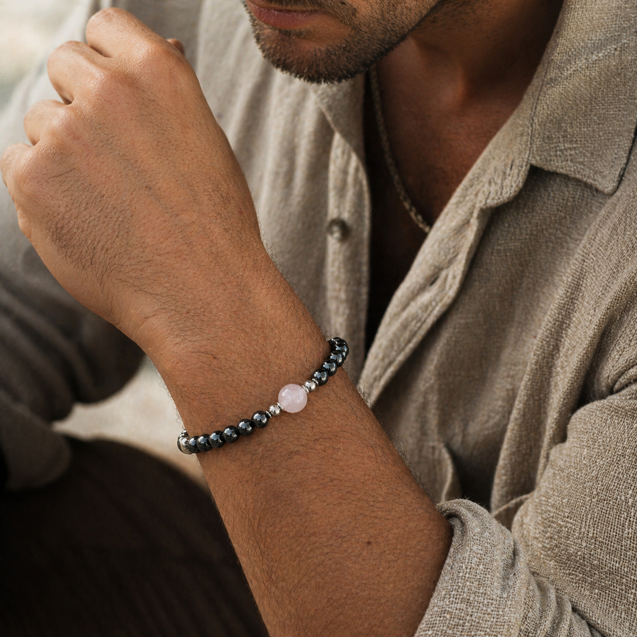 Rose Quartz Men's Bracelet- For Self Love & Harmony in Relationships