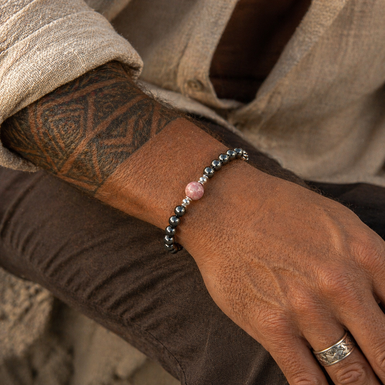 Rhodonite Men's Bracelet- For New Beginnings, Past Love Healing, & New Love