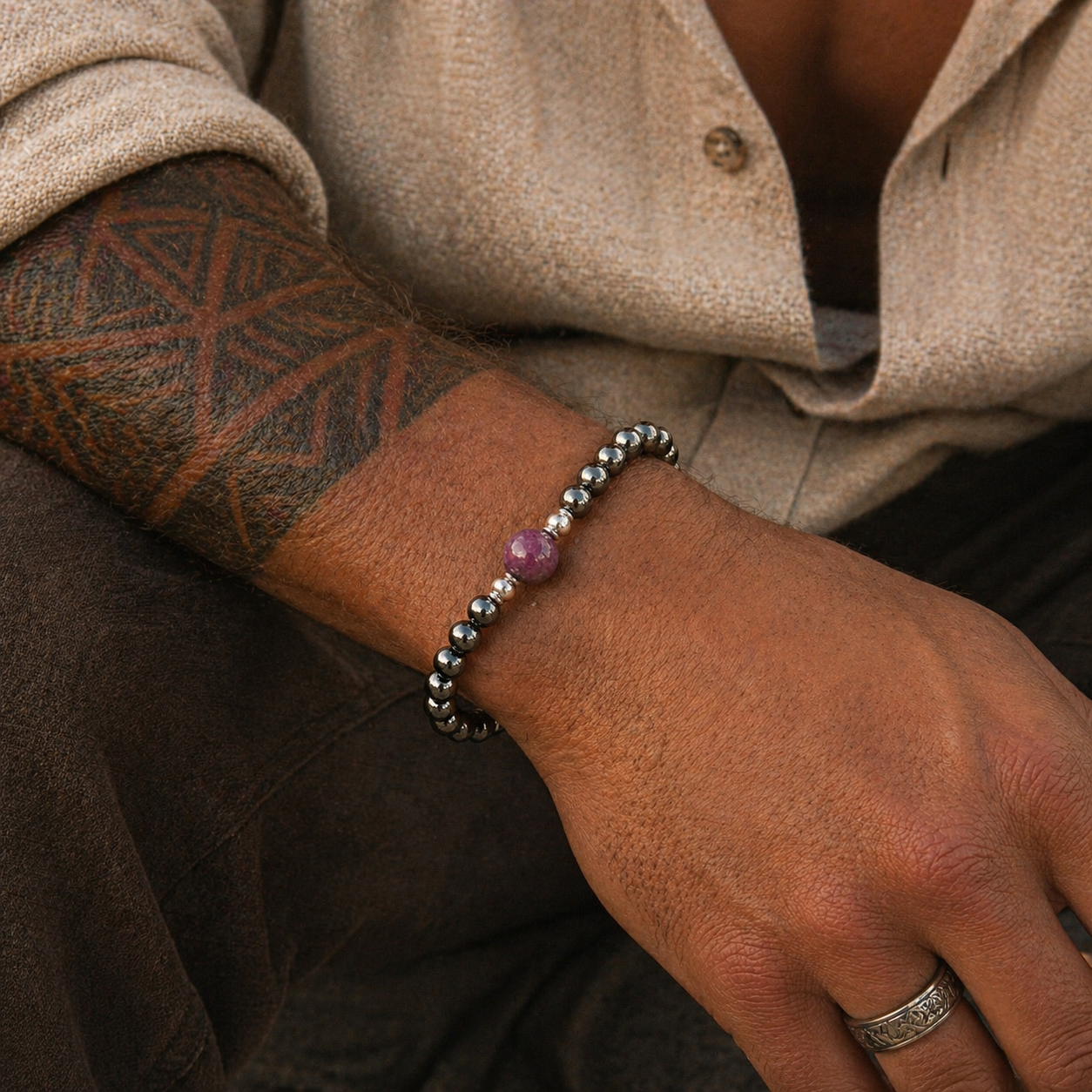 Lepidolite Bracelet for Men- For Emotional Soothing During Change & Anxiety Relief