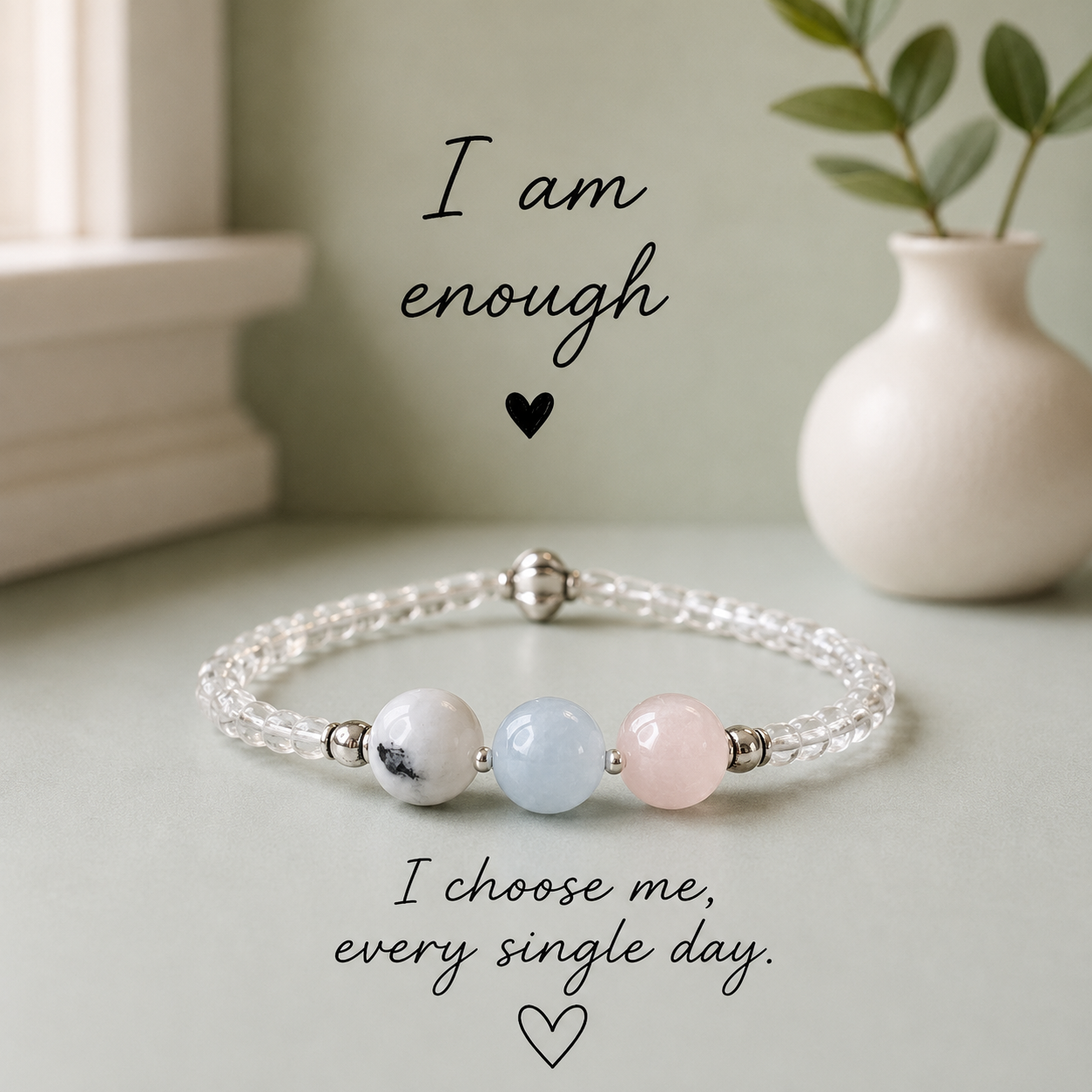 Self Love Bracelet- Moonstone, Aquamarine, Rose Quartz