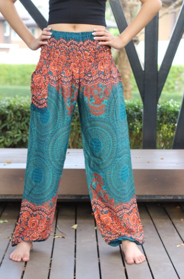 Orange and Teal Pants with Tribal Leaf Print - Mindful Intentions