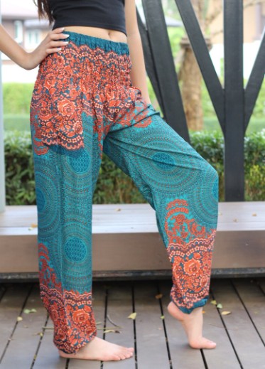 Orange and Teal Pants with Tribal Leaf Print - Mindful Intentions