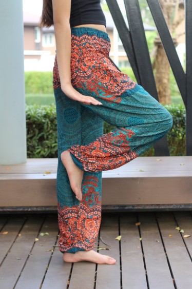 Orange and Teal Pants with Tribal Leaf Print - Mindful Intentions