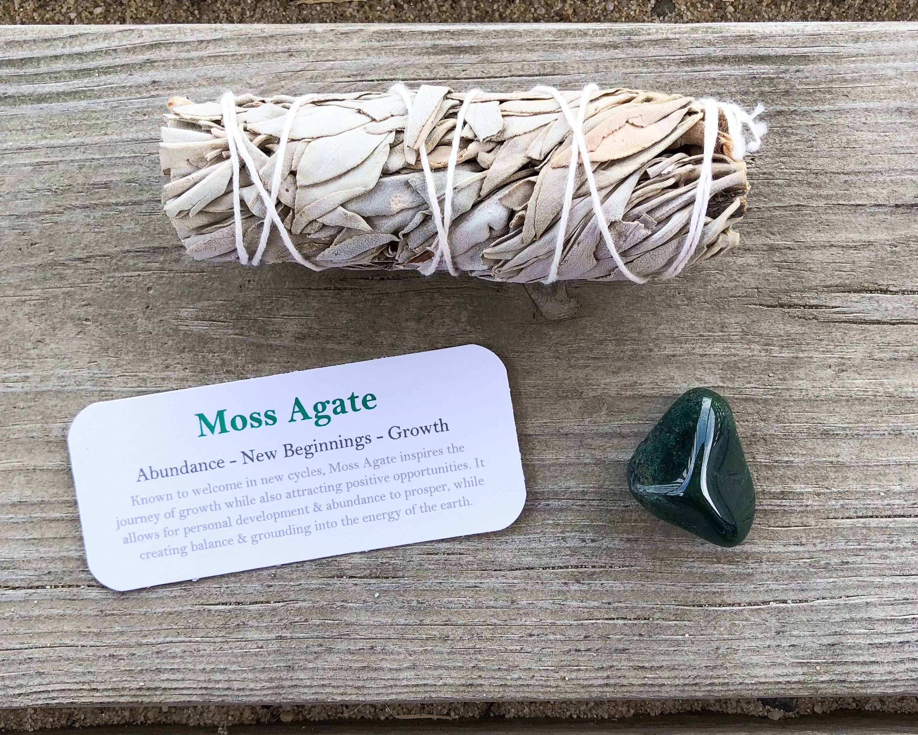 Moss Agate Tumbled Stones with Card- Stone of Growth, New Beginnings & Abundance - Mindful Intentions