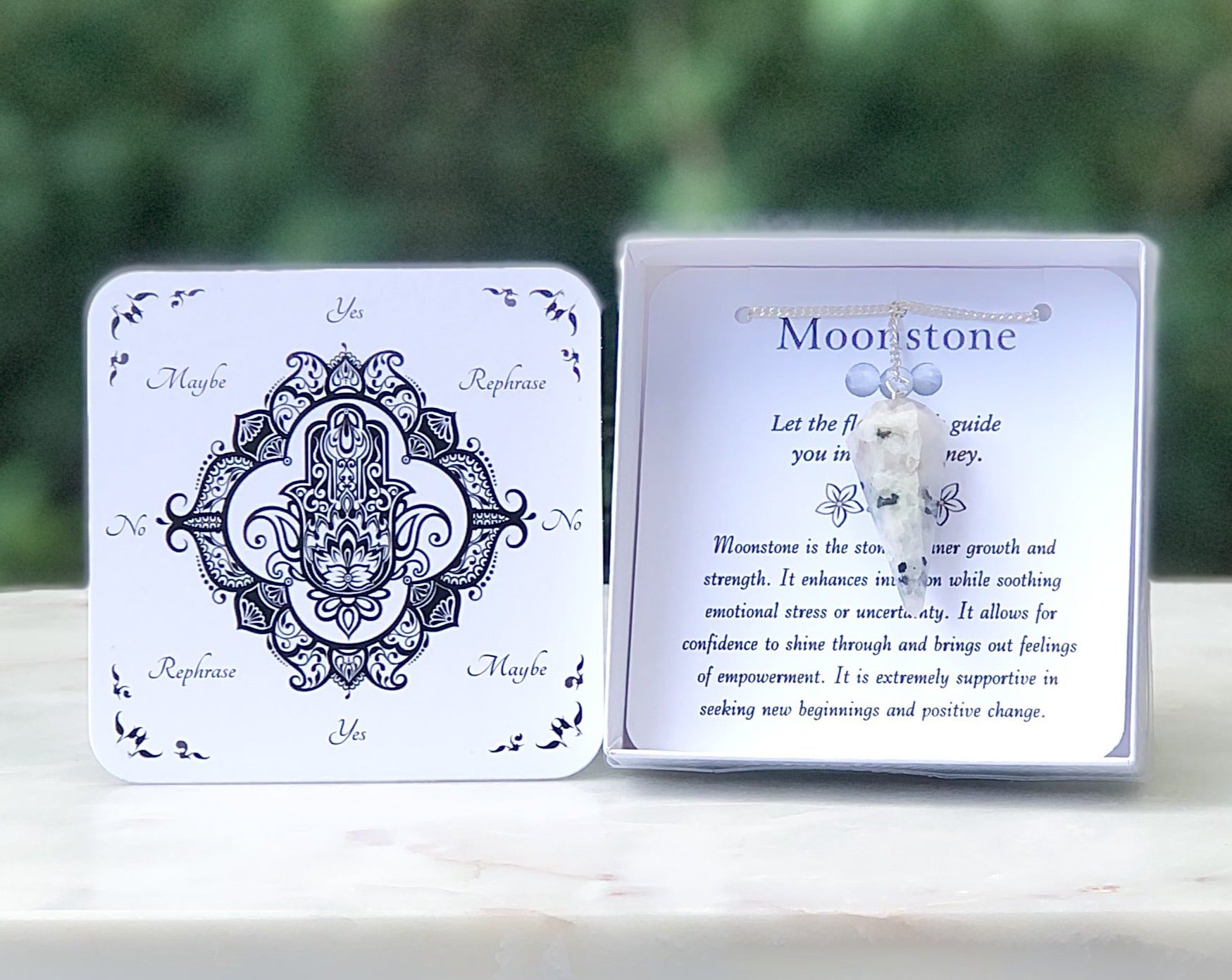 Moonstone Pendulum with Dowsing Board & Instructions - Mindful Intentions