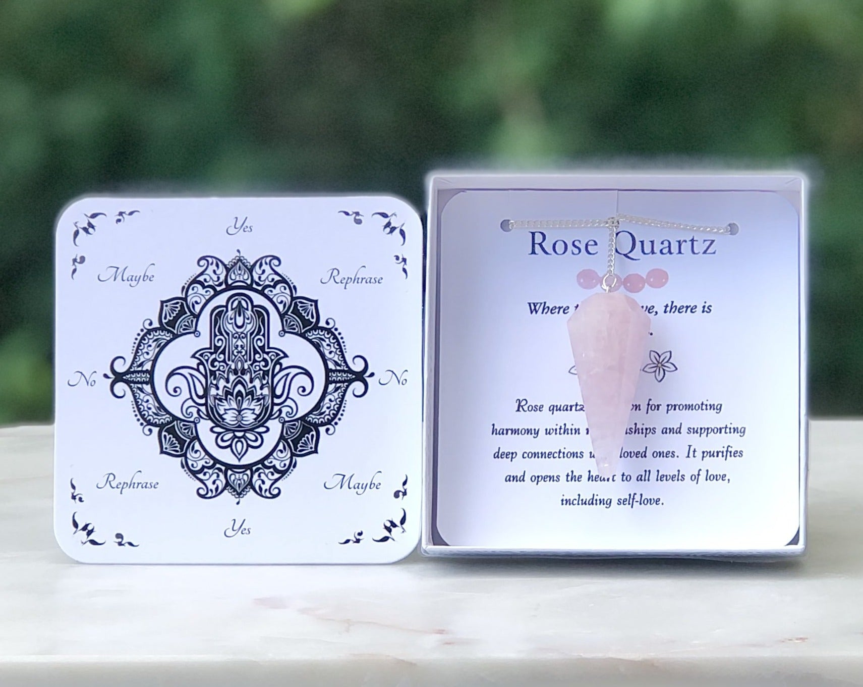 Rose Quartz Pendulum with Dowsing Board & Instructions - Mindful Intentions